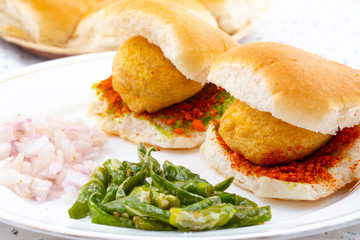 Indian Famous Street Food Vada Pav Also Know as Vada Paav, Wada Pav or Wada Pao is a Vegetarian Fast Food Dish From Maharashtra