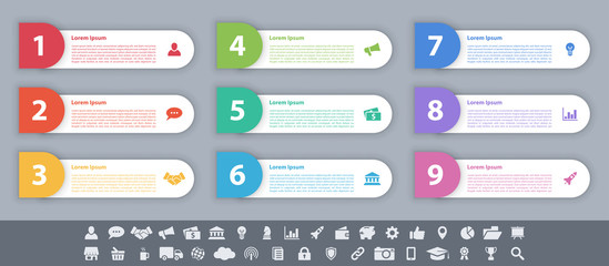 Infographic design business concept vector illustration with 9 steps or options or processes represent work flow or diagram or web button banner