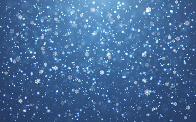 Christmas snow. Falling snowflakes on blue background. Snowfall. Vector illustration