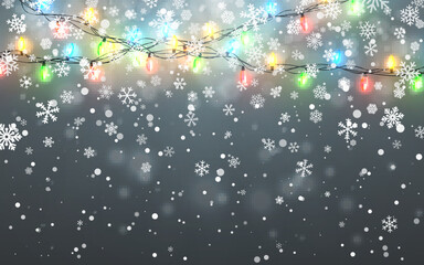 Christmas snow. Falling white snowflakes on dark background. Xmas Color garland, festive decorations. Glowing christmas lights. Vector snowfall, snowflakes flying in winter air