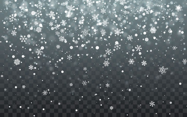 Christmas snow. Falling snowflakes on dark background. Snowfall. Vector illustration