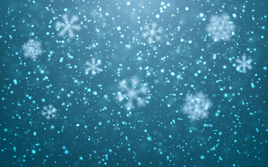 Obraz premium Christmas snow. Falling snowflakes on blue background. Snowfall. Vector illustration