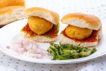 Indian Famous Street Food Vada Pav Also Know as Vada Paav, Wada Pav or Wada Pao is a Vegetarian Fast Food Dish From Maharashtra
