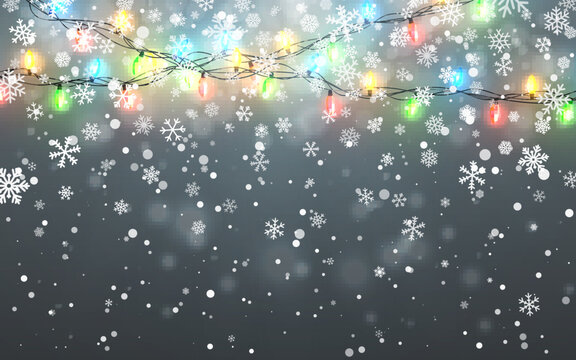 Christmas snow. Falling white snowflakes on dark background. Xmas Color garland, festive decorations. Glowing christmas lights. Vector snowfall, snowflakes flying in winter air