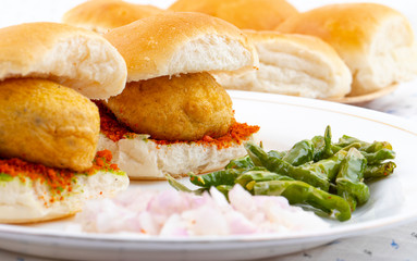 Indian Famous Street Food Vada Pav Also Know as Vada Paav, Wada Pav or Wada Pao is a Vegetarian Fast Food Dish From Maharashtra