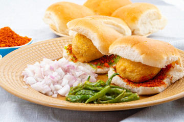 Indian Famous Street Food Vada Pav Also Know as Vada Paav, Wada Pav or Wada Pao is a Vegetarian Fast Food Dish From Maharashtra