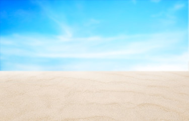 Empty beach and sky background in summer with copy space. Travel and vacation concept. Background use for advertising design, product, cosmetic, beauty, food and drink. Selective focus