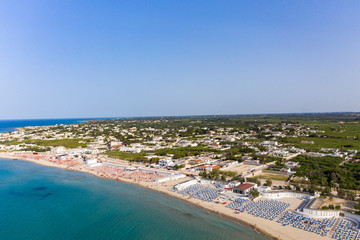 Aerial view, public beach by the sea, Spiaggiabella Beach,, Torre Rinalda, Lecce, Apulia, Italy