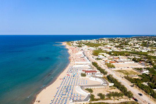 Aerial view, public beach by the sea, Spiaggiabella Beach,, Torre Rinalda, Lecce, Apulia, Italy