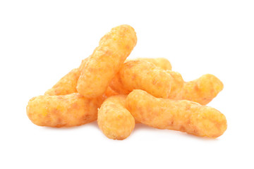 Extruded corn snack closed up isolated on white