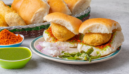 Indian Famous Street Food Vada Pav Also Know as Vada Paav, Wada Pav or Wada Pao is a Vegetarian Fast Food Dish From Maharashtra