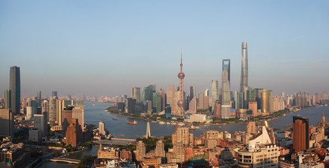 Obraz premium Widok z lotu ptaka z lotu ptaka w Szanghaju bund Skyline