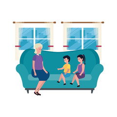 cute grandmother with kids in the sofa characters