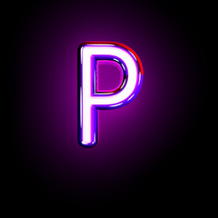 Purple shining neon alphabet - letter P isolated on black background, 3D illustration of symbols - obrazy, fototapety, plakaty