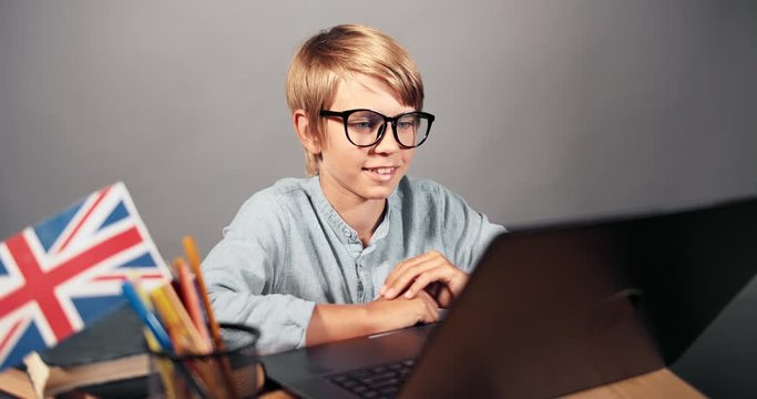 Smiling smart boy making english assignment on laptop, modern technologies in education, online