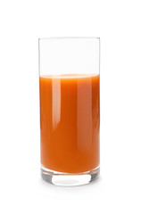 Glass of fresh carrot juice on white background