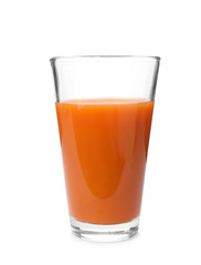 Glass of fresh carrot juice on white background