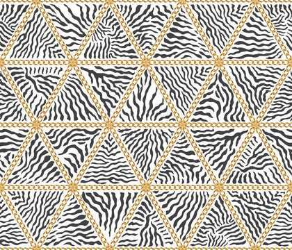 Vector Triangular patchwork seamless pattern from Zebra stripes and Baroque golden chains. Black and white animal print background.Batik paint, wallpaper décor, textile patch, wrapping paper, web page