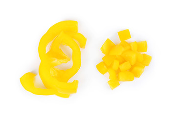 Cut yellow bell pepper isolated on white, top view