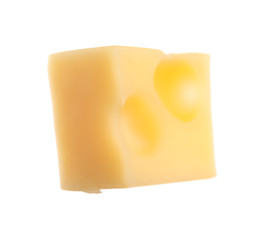 Cube of delicious cheese isolated on white