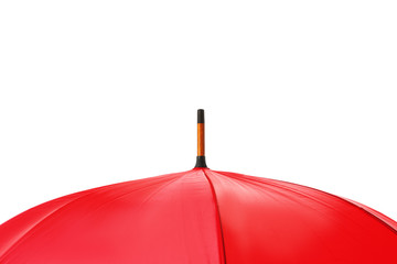 Modern opened red umbrella isolated on white, closeup view