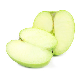 Halves of fresh green apple on white background