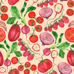Endless pattern of a fresh crop of red vegetables: tomatoes, radishes and garlic.