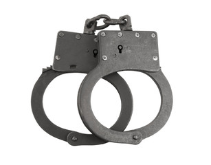 Black metallic handcuffs isolated on white