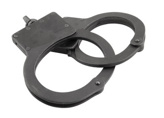 Obraz premium Black metallic handcuffs isolated on white
