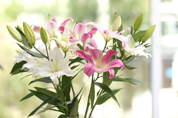 Bouquet of beautiful lilies on blurred background