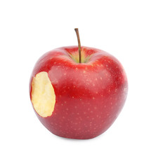 Ripe juicy red apple with bite mark on white background
