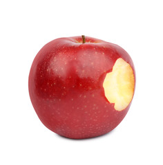 Ripe juicy red apple with bite mark on white background