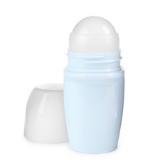 Blank plastic deodorant container on white background