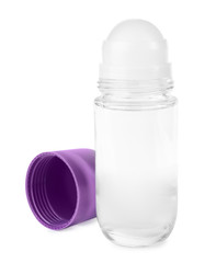 Blank glass deodorant container on white background