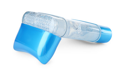 Open plastic deodorant container on white background