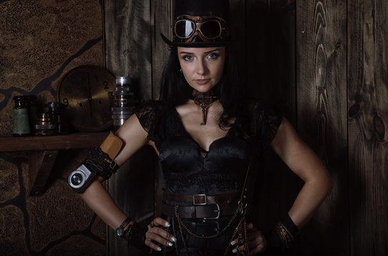 Portrait of pretty sexy woman in the style of a steampunk