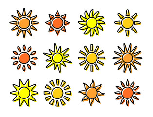 Sun icons with different rays. Summer symbols with gradient. Line flat sunlight signs. Vector illustration