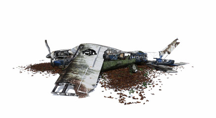 Broken plane in jungle forest leaf ground, left view