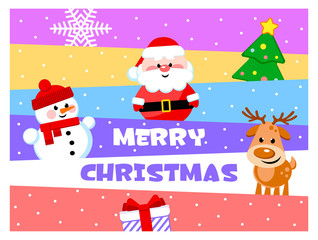 Merry Christmas. Greeting card with funny cartoon characters. Santa Clause, Snowman, Reindeer. Flat design. Vector illustration.