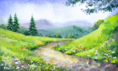 Photo sur Plexiglas Vert-citron Paysage à l& 39 aquarelle. Sentier de montagne au milieu des sapins