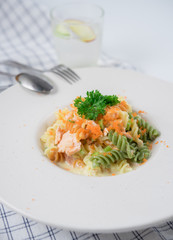 Delicious creamy fusilli pasta salmon with shrimp eggs