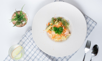 Delicious creamy fusilli pasta salmon with shrimp eggs