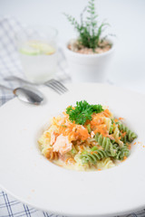 Delicious creamy fusilli pasta salmon with shrimp eggs