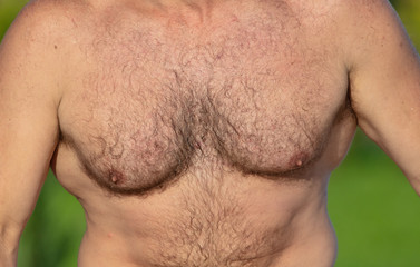 Naklejka premium Muscles on the chest of a pumped man