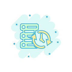 Data center icon in comic style. Clock vector cartoon illustration on white isolated background. Watch business concept splash effect.