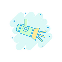 Spotlight icon in comic style. Lamp vector cartoon illustration on white isolated background. Flashlight business concept splash effect.