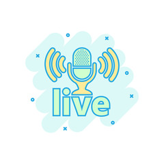Microphone icon in comic style. Live broadcast vector cartoon illustration on white isolated background. Sound record business concept splash effect.