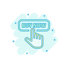 Buy now shop icon in comic style. Finger cursor vector cartoon  illustration on white isolated background. Click button business concept splash effect.