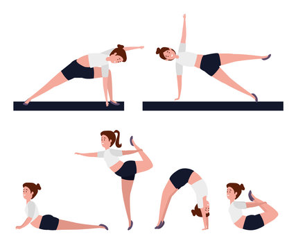 set of women practice yoga meditation posture