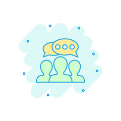 Speak chat sign icon in comic style. Bubble dialog vector cartoon illustration on white isolated background. Team discussion button business concept splash effect.